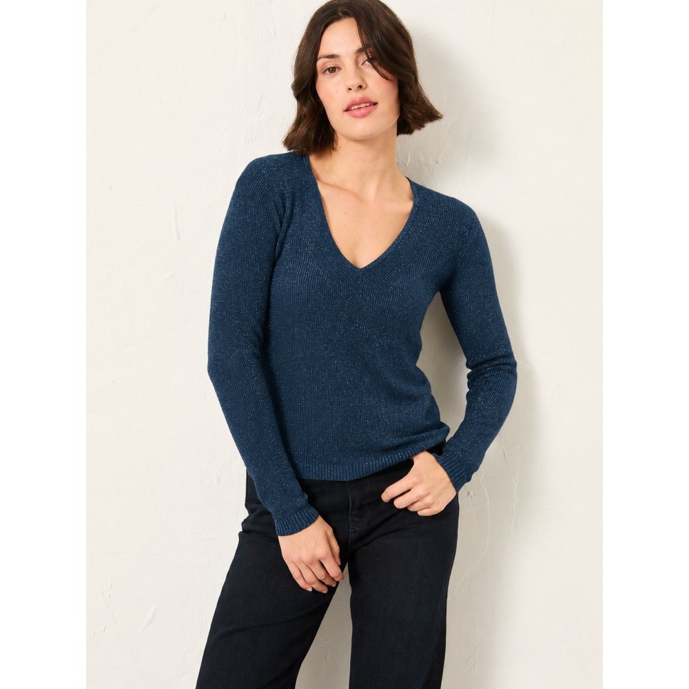 FAT FACE | V-Neck Sweater Womens 8 Teal Blue Metallic Shimmer Knit Pullover